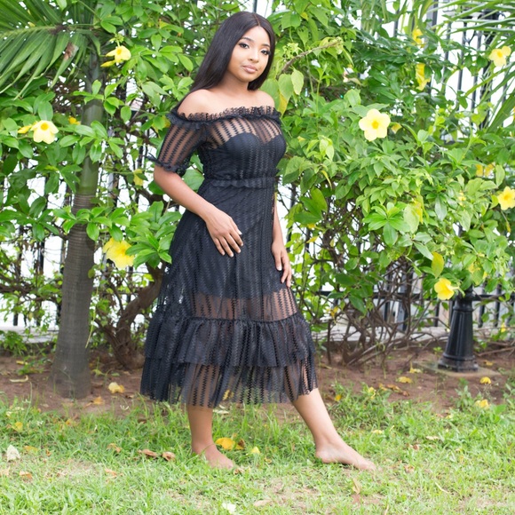 Black  off shoulder mesh lace dress - Picture 2 of 5